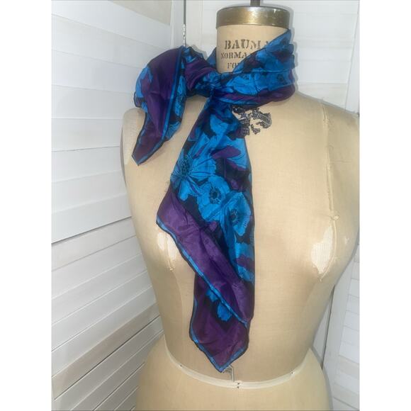 80s Silk 28” Square Scarf Blue Purple Black Hand Rolled Hem - Picture 7 of 7
